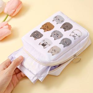 TEMU 대용량 귀여운 고양이 얼굴 프린트 생리대 보관 가방 - 휴대용 화장품 파우치, 가정 정리 보관 상자