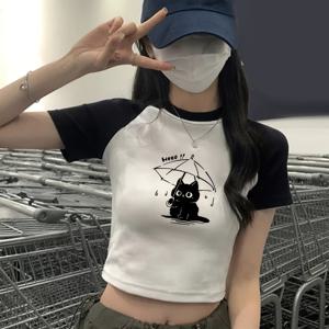 여성용 여름 Y2K 아기 고양이 프린트 크롭 슬림핏 활용도 높은 컬러 블록 반팔 티셔츠