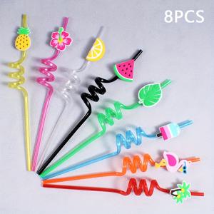8개 하와이안 트로피컬 레인 테마 빨대, 재사용 가능한 스파이럴 빨대, 식품 안전 PET 소재, 여름 해변, 수영장 및 생일 파티에 완벽한 팜 트리, , 파인애플 장식