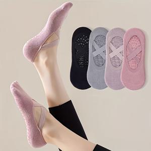 4켤레 실리콘 크로스 로프 미끄럼 방지 요가 헬스 스포츠 패션 여성용 보트 삭스