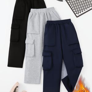 TEMU 3pcs 남아용 가을/겨울 긴바지, 안감 포함, 포켓 카고 팬츠, 신축성 허리, 와이드 레그, 야외 활동에 완벽