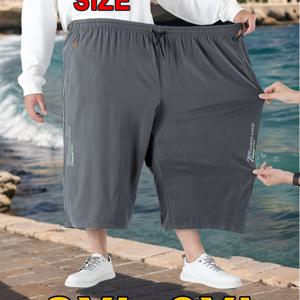 TEMU [3XL-8XL] 슈퍼 루즈 남성용 3/4 길이 바지 - 플러스 사이즈 캐주얼 카프리 팬츠 (남성용) - 지퍼 포켓이 있는 부드러운 소재 - 스포츠 및 헬스장 웨어 필수템 - 야외 활동에 적합