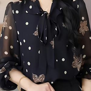 TEMU 여성용 영한增强感 리본 장식 나뭇잎 프린트 블라우스