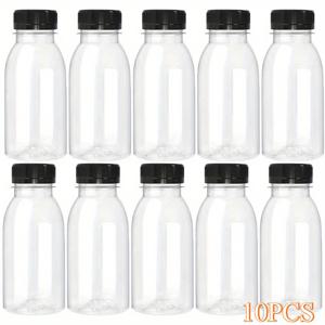 TEMU 10개입 재사용 가능한 누수 방지 플라스틱 주스 병, 블랙 뚜껑 포함, 200ml/6.66oz 투명 음료 용기, 주스, 우유, 차, 보관용, 손세척 전용, 휴일 및 일상 사용에 이상적, 휴일 음료 용기, 투명 디자인, 내구성 있는 음료용품