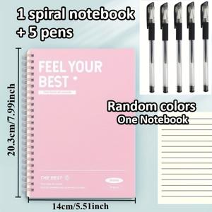 TEMU 6개 세트, 스파이럴 공책 1개 + 펜 5개 포함, 파스텔 A5 하드커버 공책, 뜯어내는 페이지 및 줄눈 있는 섹션, 내구성 있는 사무용 및 학용품, 완벽한 크리스마스 선물, 귀여운 공책 랜덤 색상