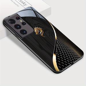TEMU 삼성 갤럭시 S21 울트라 5G 폰 케이스, 황금용머리와 검은 나무결 강화유리 케이스 충격방지 백커버