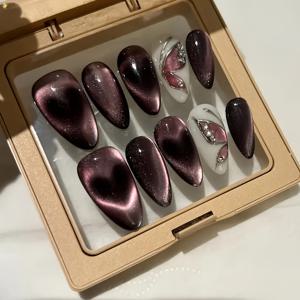 TEMU 10개입 순수 핸드메이드 웨어러블 네일 풀 커버리지 재사용 가능 아몬드 모양 로즈 골드 고양이 눈 네일 그라데이션 하트 나비/ 메탈릭 텍스처 패션 네일