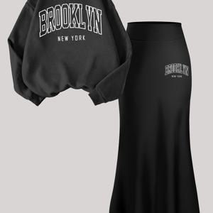 여성용 스커트 세트 2pcs: 'BROOKLYN' 레터 프린트 크루넥 긴소매 풀오버 스웨트셔츠와 미디 하이웨이스트 스커트, 외출용 또는 사무실 복장에 적합한 캐주얼 스웨트셔츠 - C5+Q6