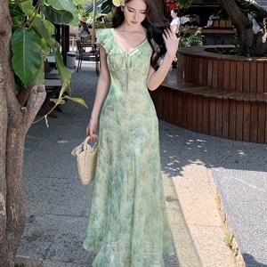 TEMU 해변 휴가에 어울리는 작은 날개 소매가 있는 그린 플로럴 드레스, 부드러운 성격, 독특하고 아름다운 허리 길이의 비치 드레스