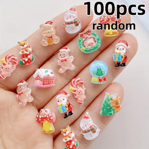 TEMU 귀여운 미니 수지 크리스마스 참 랜덤 혼합 세트 100개 - , , 곰, 눈사람, 크리스마스 트리, 순록 네일 아트 액세서리, DIY 주얼리 및 네일 장식용, 무취