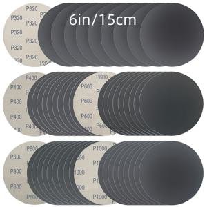 15cm/6인치 매직 테이프형 습식 건식 사포 50개, 320 400 600 800 1000 다중 그릿 사이즈, 랜덤 오비탈 폴리셔, 자동차 금속 연마 및 광택용