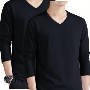 TEMU 남성용 솔리드 V넥 긴팔 티셔츠, 2매 세트, 가을 겨울 필수템 | 단색, 속건성 폴리에스터, 야외 러닝 및 운동에 적합, 세탁기 사용 가능
