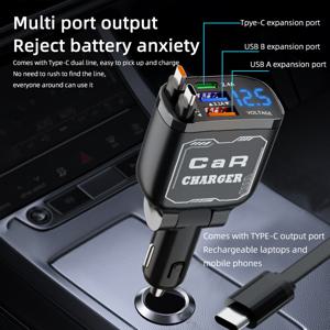 TEMU 아이폰용 자동 감김 케이블 차량용 충전기, 듀얼 Type-C 데이터 케이블 장착. 통합 USB-C 차량용 충전기 어댑터, PD+ 2 USB 고속 충전 호환, 아이폰 16/15/14/13/12/11 Pro/Xs/Xr/Se, 아이패드, 에어팟에 적합