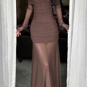 TEMU 퓨어 커피색 원숄더 긴팔 원피스 가을 겨울 패션 허리 플리츠 메쉬 슬림 롱 스커트 여성용-YTD