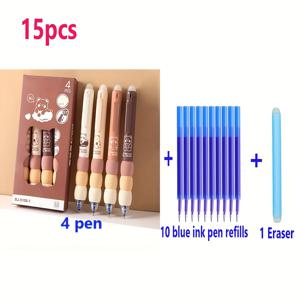 15개입, 펜 4개 + 리필 10개 + 지워지는 고무 젤 펜 1개, 만화 귀여운 젤 펜 0.5mm 파란색 잉크 펜, 휴대용 소프트 그립 펜, 카와이 문구, 사무실 학교에 적합. 선물