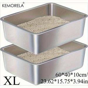 KEMORELA 스테인리스 스틸 고양이 화장실 2개 세트 - 금속 고양이 화장실 - 3.94인치 높이, 고양이, 강아지, 토끼, 새끼 동물용 실내 화장실 트레이, 냄새 없이 쉽게 청소 가능