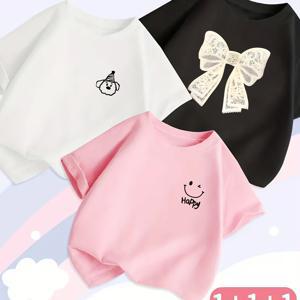 TEMU 2025 여아용 루즈핏 반팔 티셔츠 3종 세트 (중고령 여아용)