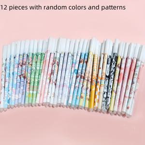 TEMU 학생용 지우개 젤펜 12개, 0.5mm 검정색과 파란색 듀얼 컬러, 랜덤 색상 및 패턴, 글쓰기 실수 수정용