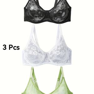 TEMU 여성용 레이스 시스루 브라 3개 세트 플러스 사이즈 언더와이어 홀아웃 속옷 섹시 란제리 상의 블랙 화이트 그린