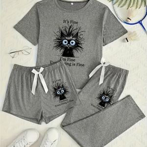 TEMU 고양이 프린트 여성용 파자마 3피스 - 반팔 & 반바지/수트 슬립웨어, 고탄력 나이트가운 & 매칭 팬츠, 세부사항 - 세탁기 사용 가능 파자마 여성용 () - 비쉬투명 3피스 세트
