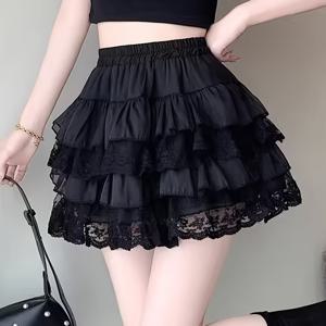 TEMU Y2K 고딕 레이스 프린트 스커트 여성용, 블랙 메쉬 디테일 섹시 미니 튤 스커트, 파티 클럽 댄서 스커트 ZLLZ