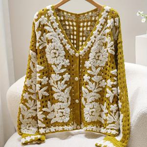 TEMU Fashion Trend of Ladies Cardigan in Autumn and Winter Elegant Openwork Embroidered Floral Pattern V-ne Long-sleeved Single-breasted Women's Cardigan Coat, Suitable for .