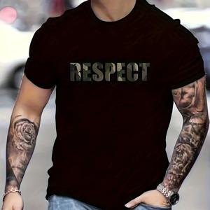 TEMU 남성용 RESPECT 프린트 티셔츠 - 블랙 배경에 오버사이즈 화이트 레터링, 캐주얼 반팔 라운드넥, 통기성 좋은 여름 티, 대담한 RESPECT 슬로건, 캐주얼 복장, 헬스장 및 외출용 - 의류