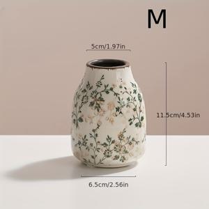 TEMU 멀티 스타일 녹색 식물 및 작은 꽃무늬 세라믹 화병 1개, 프렌치 스타일 소박한 둥근 배와 가늘고 곧은 빈티지 디스트레스드 몸체, 꽃꽂이 및 수경재배용 다기능 꽃병, 가정 장식 및 선물용으로 적합