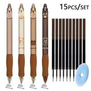TEMU 15개 귀여운 곰돌이 지워지는 펜, 카와이 펜, 0.5mm 검정/파랑 잉크 지워지는 펜, 학생 학교 사무실 문구 용품 (펜 4개, 리필 10개, 지우개 1개)