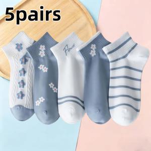 TEMU 여성용 통기성 좋은 경량 발목 양말 5켤레 - 봄/여름 꽃무늬, 캐주얼 및 정장용, 귀여운 흰색과 파란색 꽃무늬 재미있는 양말