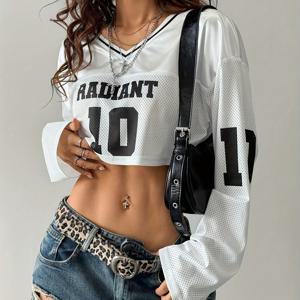 유럽 및 미국 여성용 레터 및 숫자 프린트 크롭 메쉬 패치워크 브이넥 티셔츠, 트렌디한 활용도 높은 캐주얼 긴소매 스포츠 상의