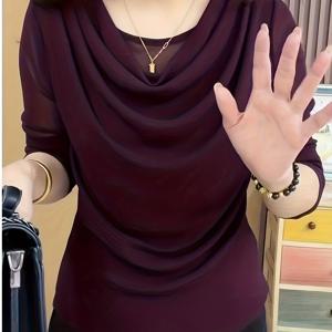 TEMU 봄/가을 신상 여성용 라운드넥 슬라우치 긴소매 메쉬 탑, 우아하고 세련된 품격이 느껴지는 스타일리시한 베이스 레이어 탑