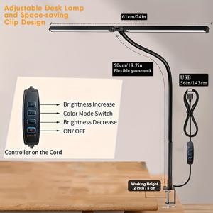 듀얼헤드 구스넥 데스크 램프, USB 전원 및 조절식 클립 포함 - 유연한 암, 10단계 밝기 조절, 3색 눈보호 조명, 컴퓨터 화면, 피아노, 침대 옆, 사무실용 - USB 전원 테이블 램프