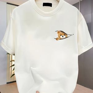남성 캐주얼 스포츠 티셔츠, 포켓 곰돌이 그래픽, 반팔 크루넥, 세탁기 사용 가능, 레귤러 핏, 흡습성 원단, 캐주얼 복장, 야외 활동 & 캐주얼 남성용 운동 티