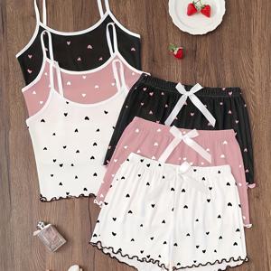 TEMU 3pcs 세트, 하트 디자인 캐미솔과 여성용 반바지로 구성된 매력적인 잠옷 세트. 우아함과 매력을 결합했습니다.