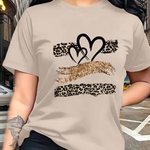 Leopard Print Heart Glitter-themed Pattern Print, Fashionable Breathable T-shirt, for Family Travel,, Casual S, Daily Commutes, Matching Outfits for Sisters, Versatile T-shirt 30057