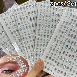 3D 눈물방울 모양 보석 라인스톤 스티커 5개 세트, 얼굴, 눈, 바디 스티커 혼합, 얼굴 장식용 자가 접착식