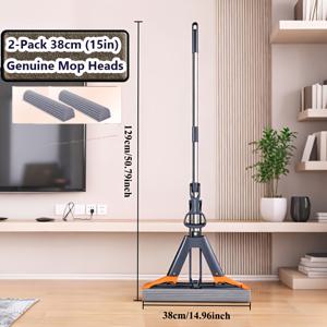 TEMU 38cm 접이식 스펀지 걸레 헤드 - 핸즈프리 자동 짜는 게으른 걸레 리필, 고흡수력 초흡수성, 긁힘 방지 재사용 가능, 쉽게 세척 및 교체 가능, 대부분의 표준 걸레 손잡이 호환, 홈 타일/하드우드/라미네이트 바닥에 이상적