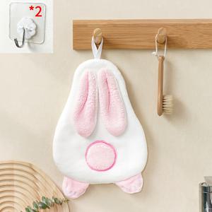 TEMU 토끼 모양 산호 수건 핸드 타월 (고리 2개 포함), 만화 토끼 패턴, 부드럽고 흡수성 좋은 보풀 없는 걸이형 수건, 욕실 및 주방 타월, 부활절/크리스마스/휴일용 선물로 이상적인 욕실 수건 핸드 타월