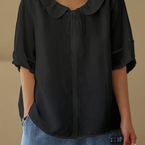 TEMU 루즈핏 단색 라운드넥 드로스트링 풀오버 탑