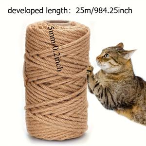 TEMU 5mm x 25m 튼튼한 천연 황마 로프 - 황마 색상, 고양이 스크래칭 보드 (실내/인터랙티브)에 적합, 스크래칭 트리 추가, 가정/정원 장식, 공예, 가구 보호, 고양이 애완용으로 이상적, 고양이 스크래쳐, 수제 공예, 애완 동물