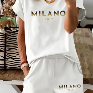 TEMU MILANO 골든 레터 프린트 멀티 컬러 반팔 티셔츠와 반바지 2피스 세트, 라이트 럭셔리 어반 스타일 캐주얼 의상, 편안한 여성 패션 의류 - 부드럽고 통기성 좋으며 세탁기 사용 가능, 데일리웨어용