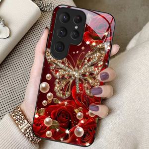 TEMU 폰 케이스: 럭셔리 레드 골든 나비 & 장미 패턴 삼성 갤럭시 S7/S8/S9+/S10/S20/S21/S22/S23/S24/S25/라이트/E/엣지/플러스/울트라/FE 모델용. 여성 선물, 보호 하드 백 TPU 소프트 엣지 커버, 우아한 플로럴 블링 디자인