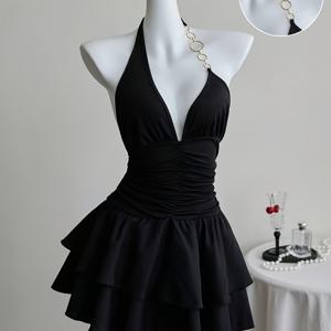 TEMU 새로운 블랙 홀터넥 드레스, 홀터넥 + 딥 브이 컷, 허리라인 강조 디자인 + 레이어드 밑단, 빈티지 섹시 드레스