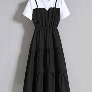 여성용 춘하추계 라운드 캐주얼 dress 신상 기질 우아한 패션 루즈핏 날씬해 보이는 여성 레이어드 무릎까지 오는 아웃도어 나들이 캐주얼 반팔 미디 원피스 슬림소녀