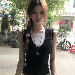 TEMU 여성 민소매 나시 여름 컬러풀 페이크 패치워크 라운드넥 민소매 심플한 디자인으로 슬림하게 매치