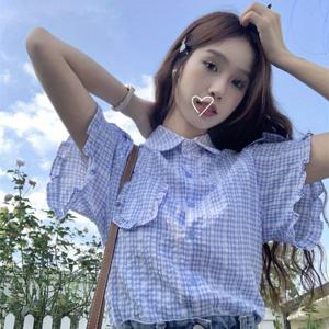 여성 체크 반팔 셔츠 블라우스 깅엄체크 프릴 러플 루즈핏 체형커버 러블리 데이트룩 바캉스룩 시원한 여름 남방 소라 꾸안꾸