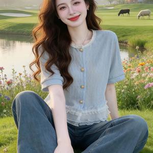 TEMU 여성용 블루 라운드넥 버섯 엣지 스플라이싱 브레스티드 반팔 티셔츠 2026 여름 슈퍼 핫 나이감소 상의