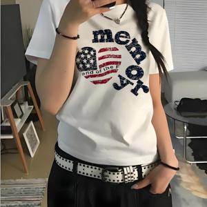 TEMU 남녀공용, 여성용 Y2K 레트로 2000년대 미국 국기 & Me & You 레터링 티셔츠 - 화이트 캐주얼 라운드넥 반팔 탑, 빈티지 90년대/00년대 프린트, 논스트레치 캐주얼 의상 & 7월 4일 의상, 세탁기 사용 가능 트렌디 하트 모티프 티
