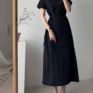 하이엔드 반팔 드레스, 디자인, 사이드 타이 앞치마, 허리 조임, 슬림 기질, 롱 스커트